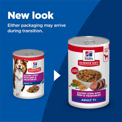 Hill's Science Diet senior beef and vegetable canned dog food nutritional details.
