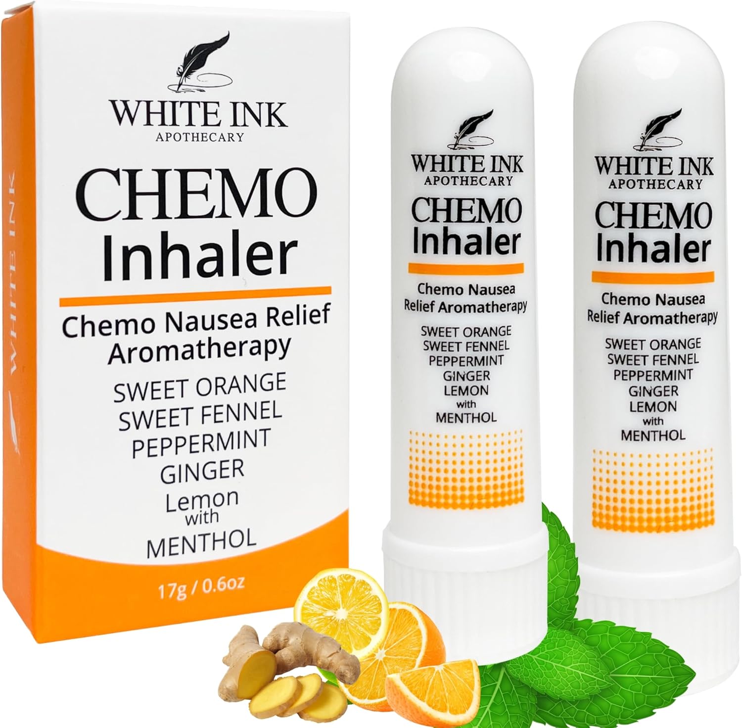 White Ink Apothecary Chemo Nausea Nasal Inhaler front view showing packaging.