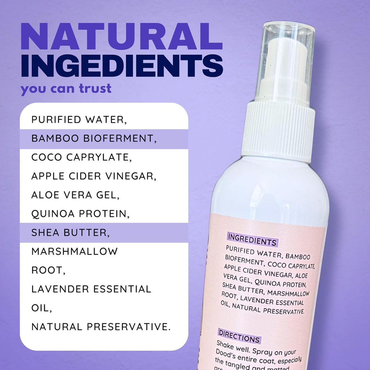 Natural dog grooming spray with aloe vera and quinoa protein