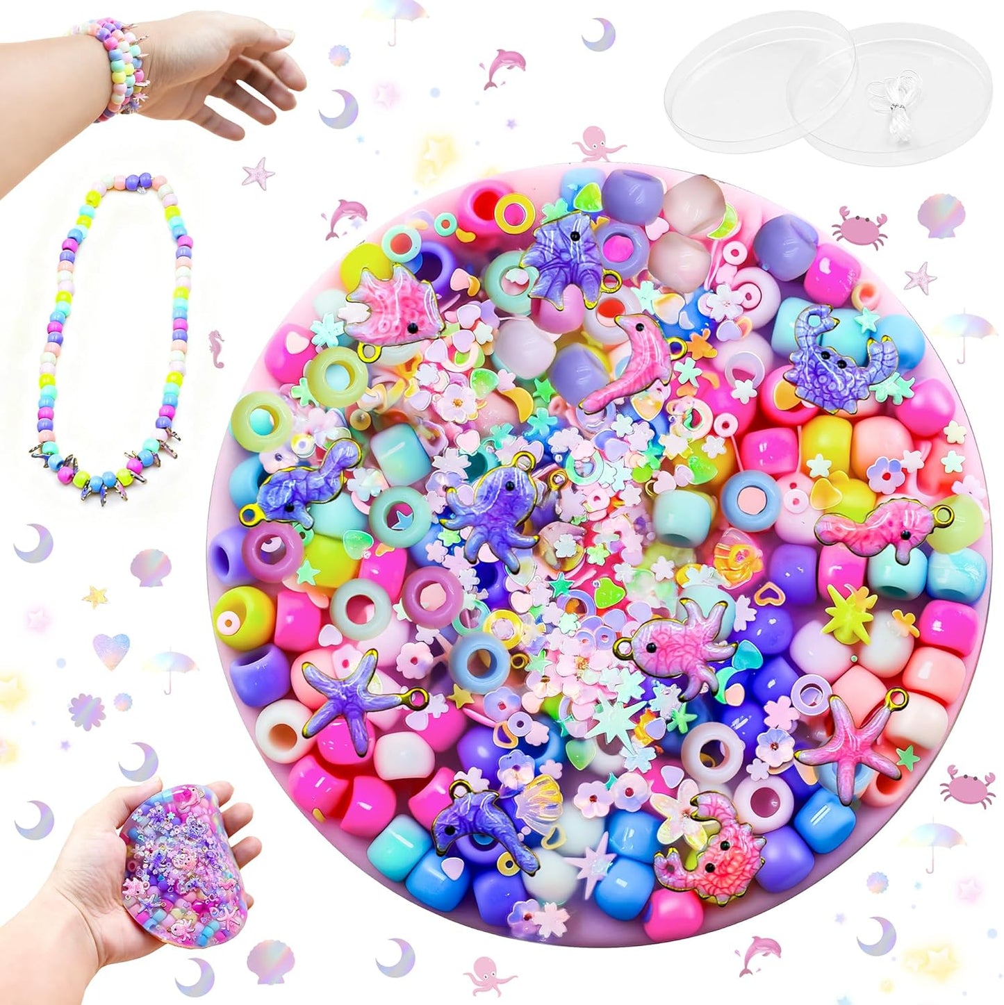 Aeloer Picky Pad Fidget Toy front view showing macaron colored ceramic beads and sea animal sequins embedded in a four inch silicone disk.