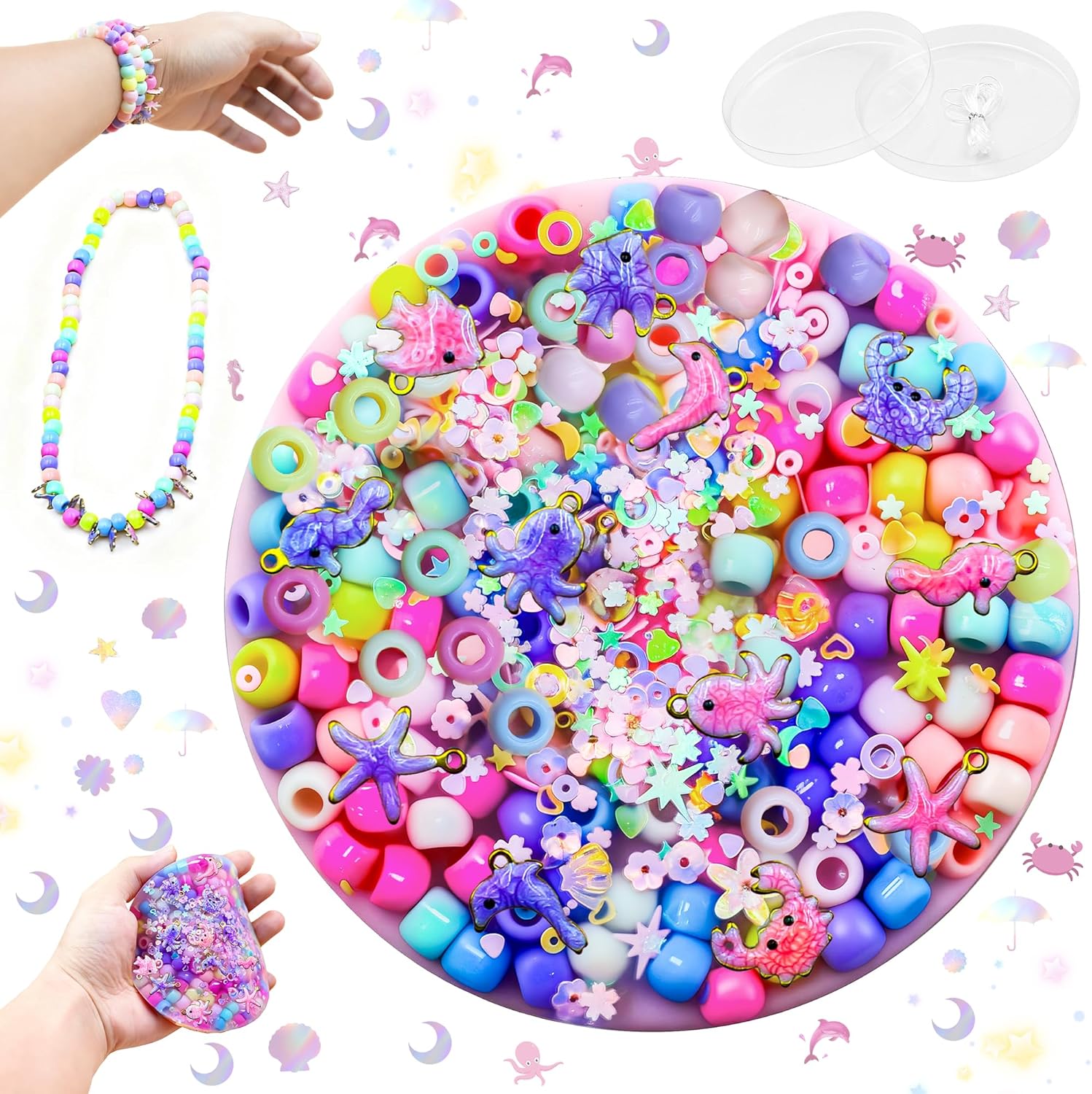 Aeloer Picky Pad Fidget Toy front view showing macaron colored ceramic beads and sea animal sequins embedded in a four inch silicone disk.