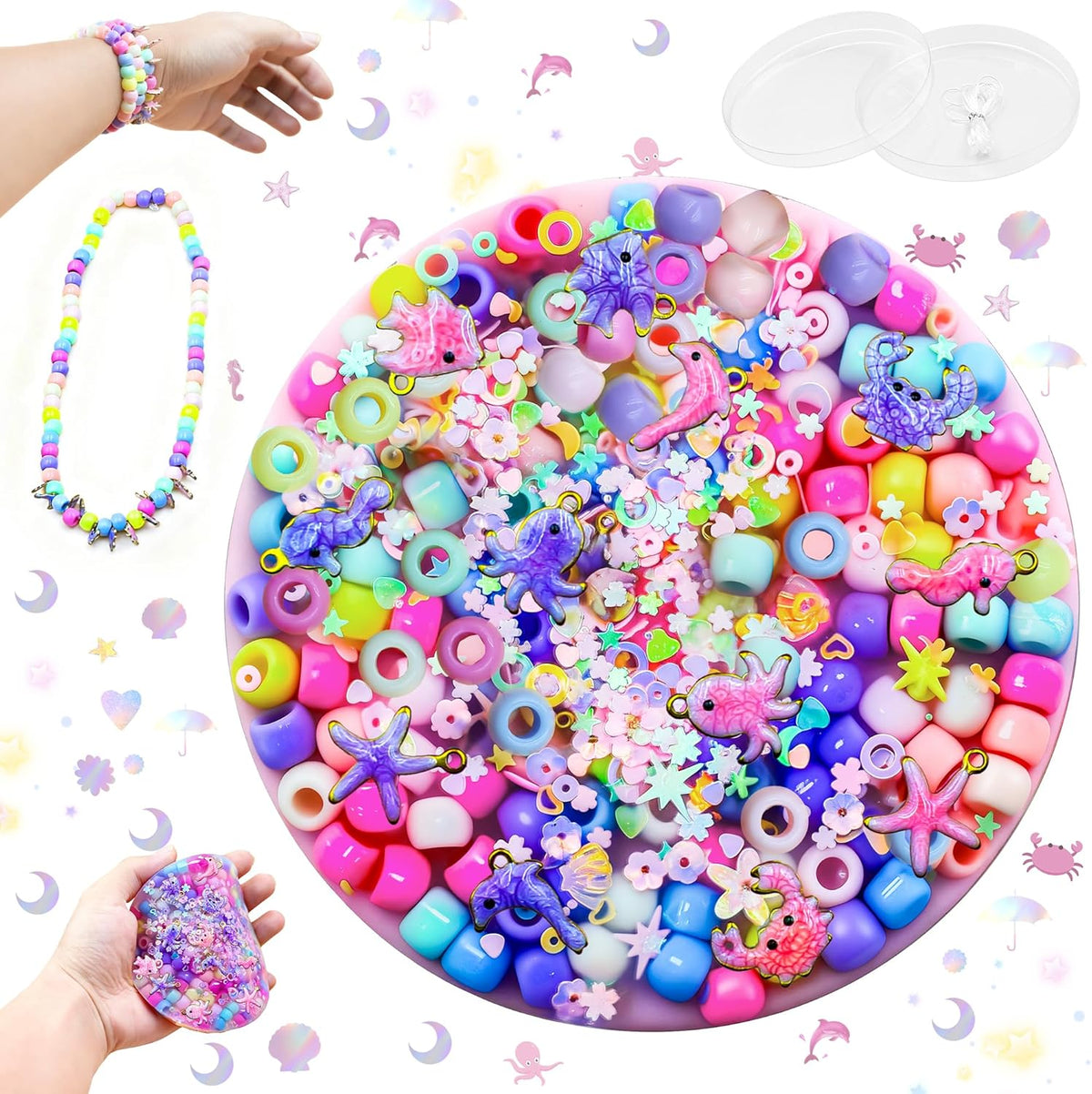Aeloer Picky Pad Fidget Toy front view showing macaron colored ceramic beads and sea animal sequins embedded in a four inch silicone disk.