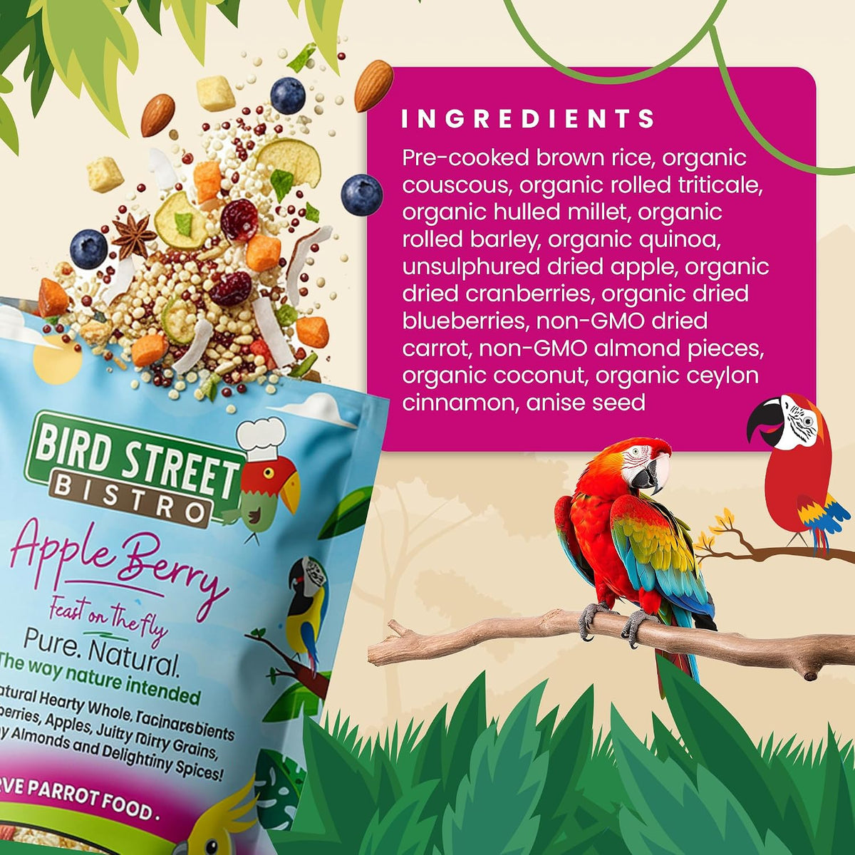 Bird Street Bistro bird food ingredients and grain blend close up
