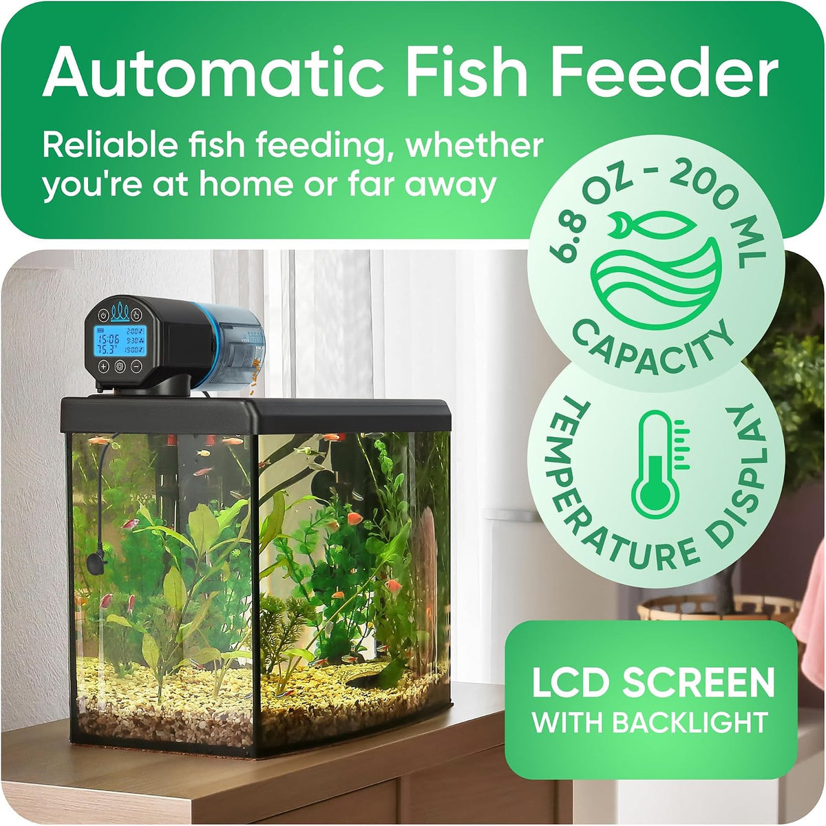 FISHNOSH programmable aquarium dispenser showing dual food portion windows