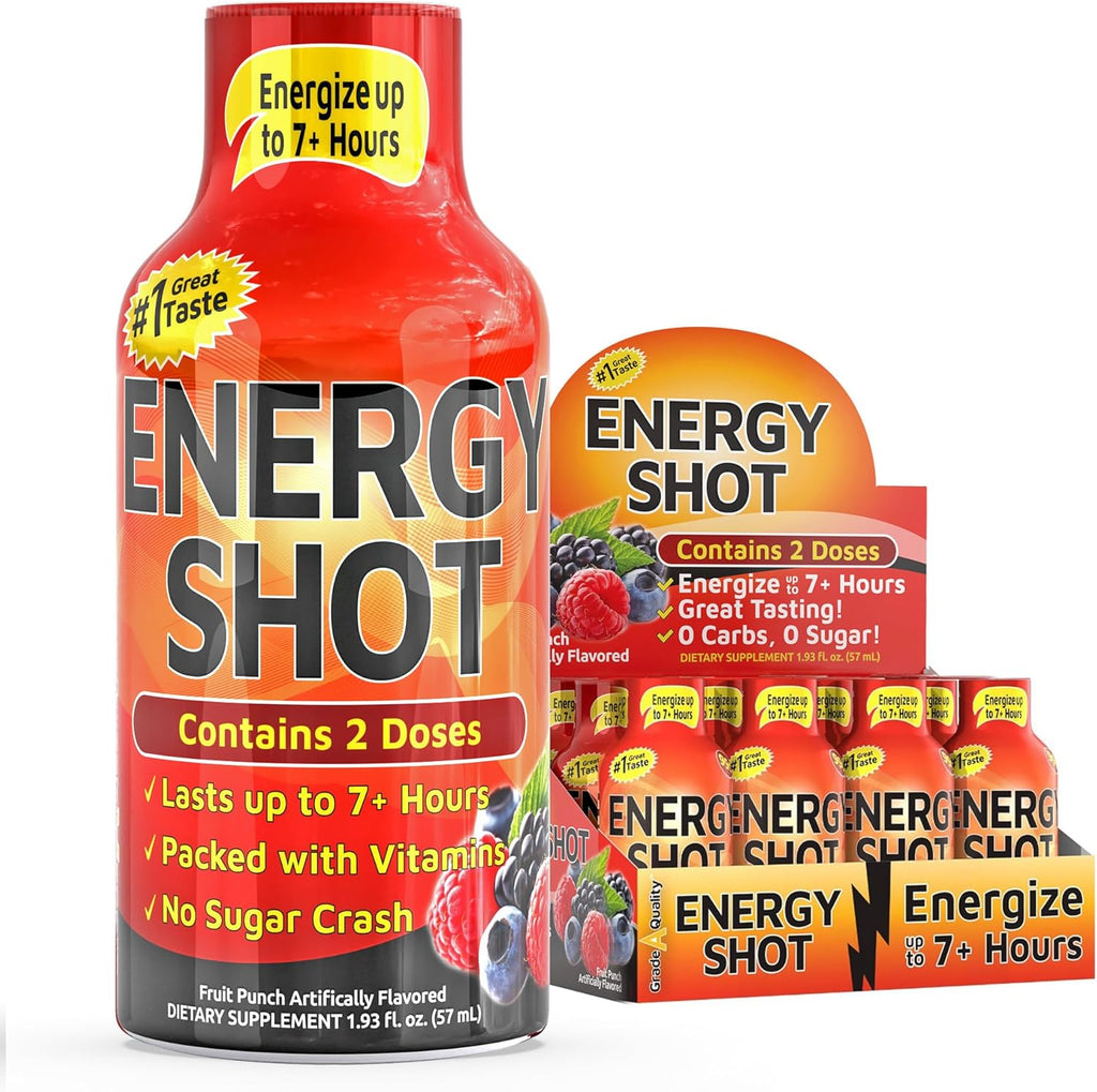 Vitamin Energy Fruit Punch Extra Strength Shot 12 pack front view for natural energy support
