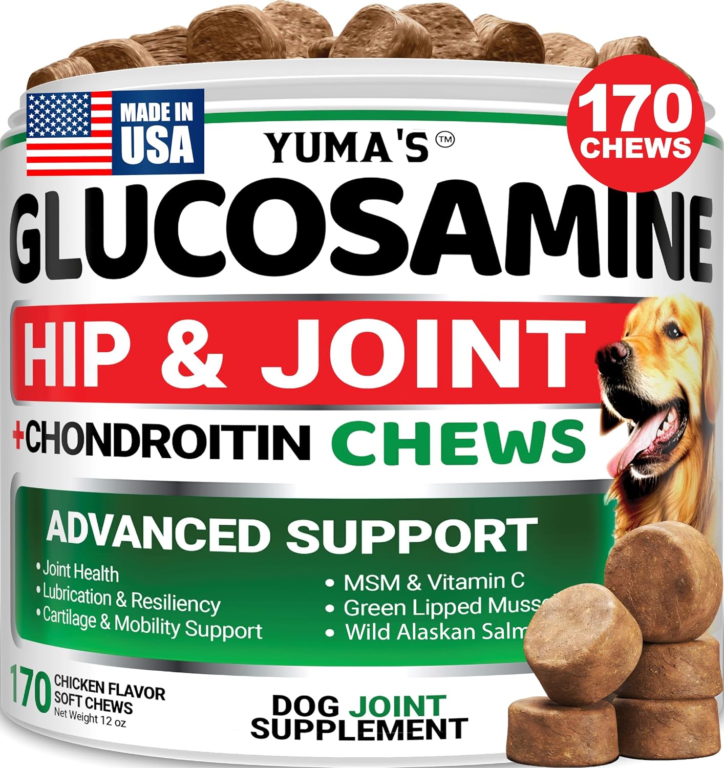 Quality sealed bottle of imported American canine calming treats for hyperactive behavior