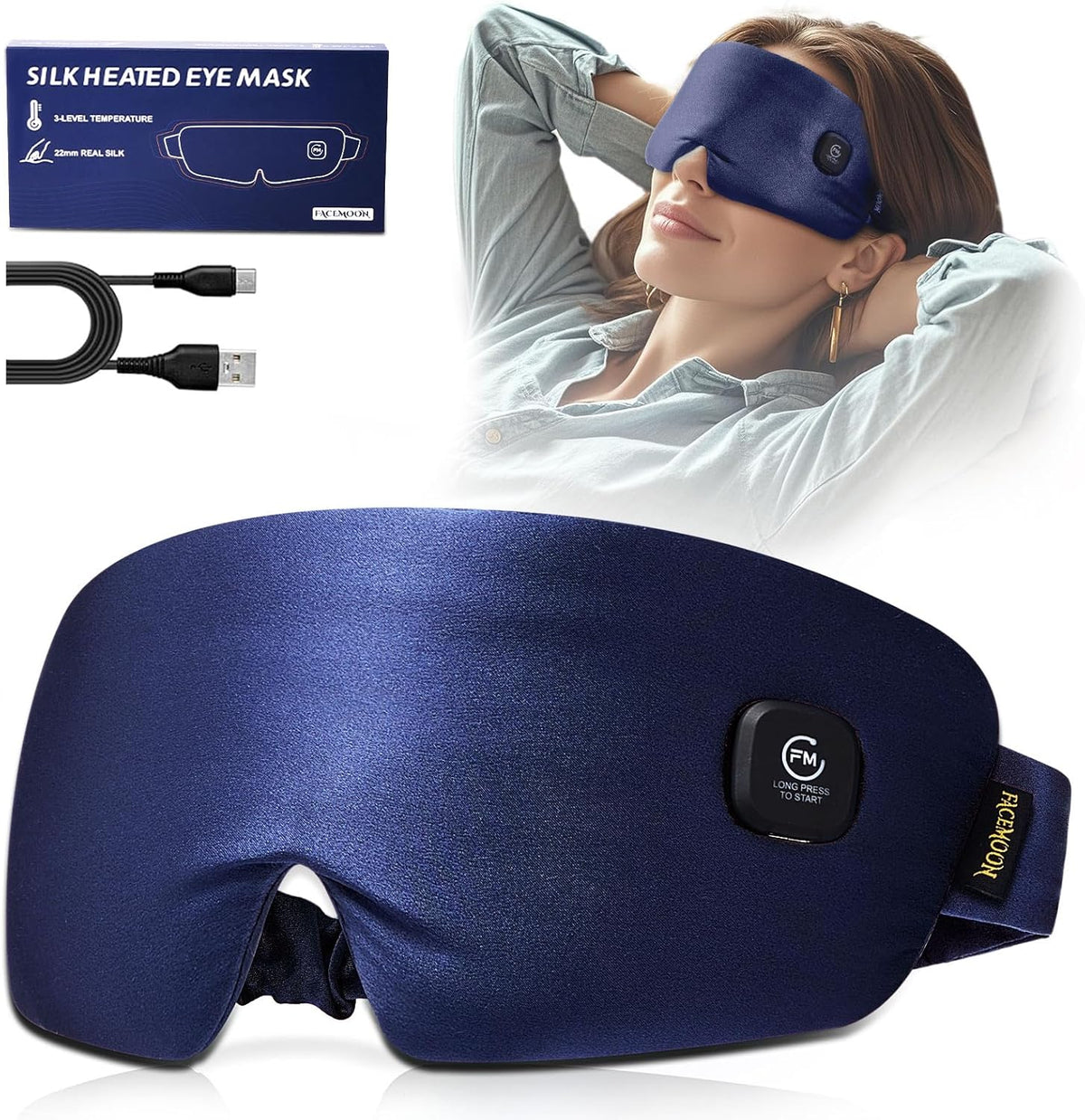FACEMOON Heated Eye Mask front view navy blue silk