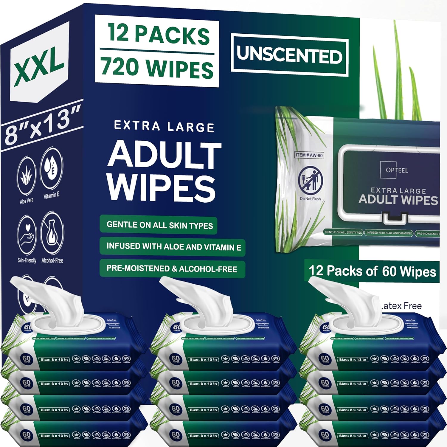 OPTEEL Adult Wipes for elderly front view packaging showcasing extra large size