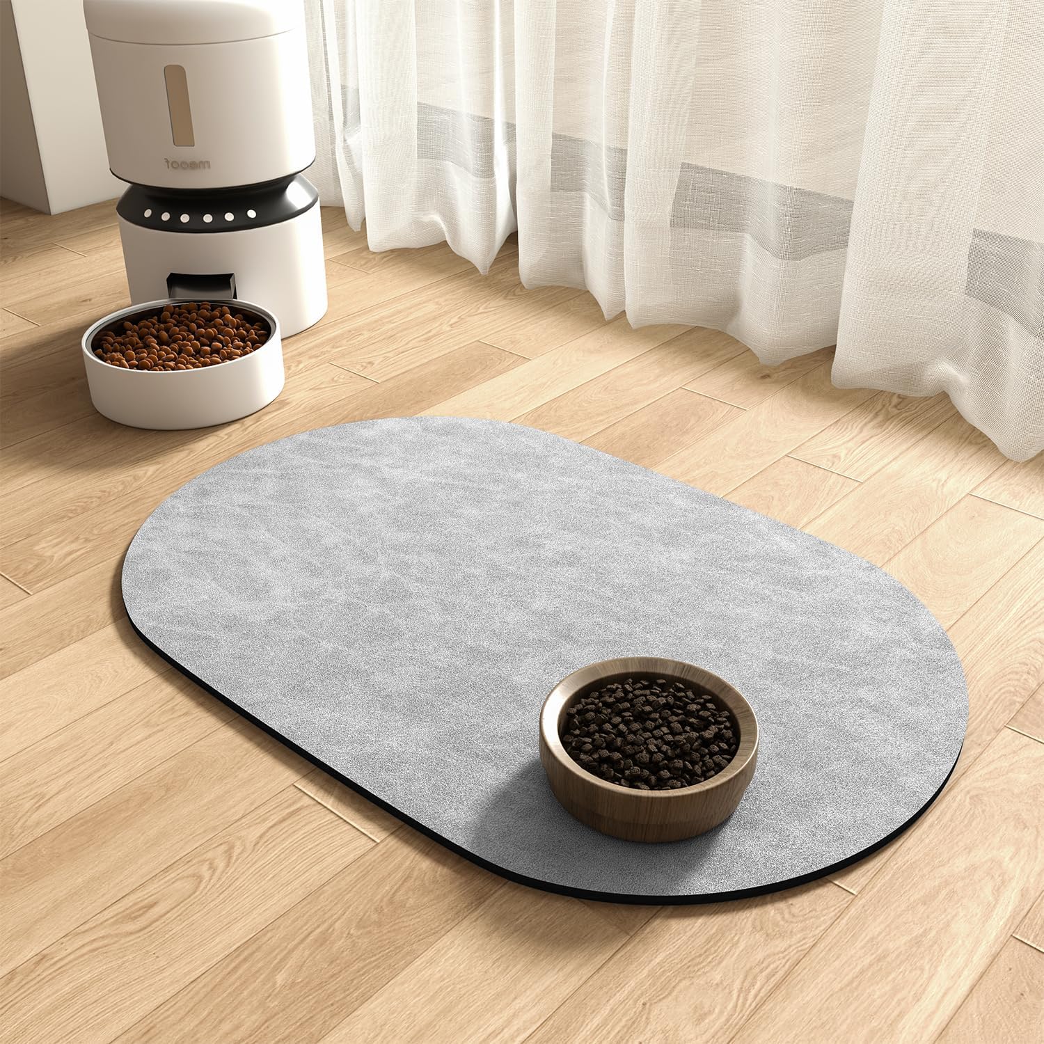 MontVoo Absorbent Dog Food Mat front view with water bowl