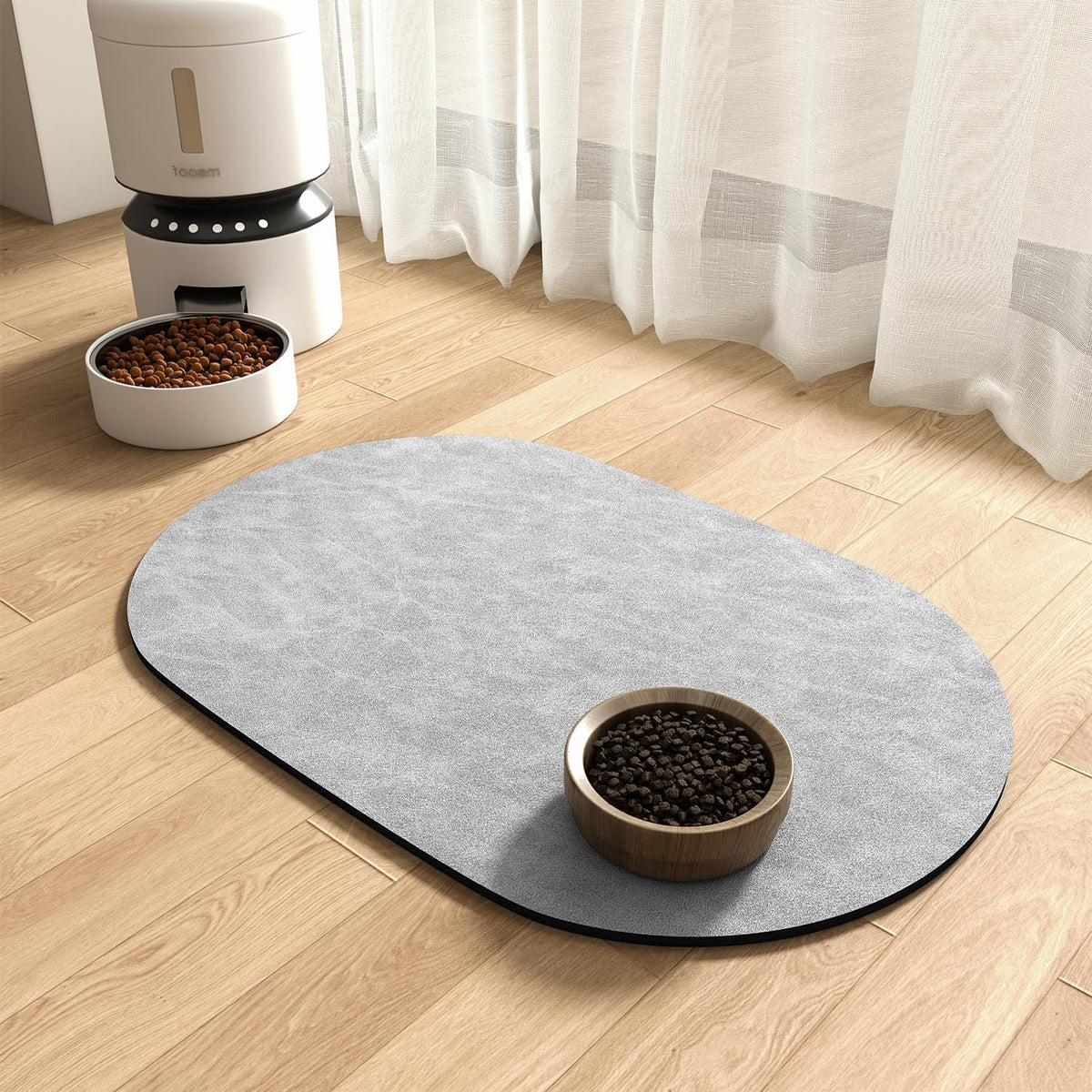 MontVoo Absorbent Dog Food Mat front view with water bowl