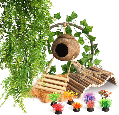14Pcs Reptile Plants Bridge Vines Leopard Gecko Coconut Hut Crested Gecko Tank Accessories Lizard Coco Den with Ladder for Lizard, Chameleon Cage, Snakes, Hermit Crab - Image 1