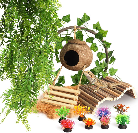 14Pcs Reptile Plants Bridge Vines Leopard Gecko Coconut Hut Crested Gecko Tank Accessories Lizard Coco Den with Ladder for Lizard, Chameleon Cage, Snakes, Hermit Crab - Image 1