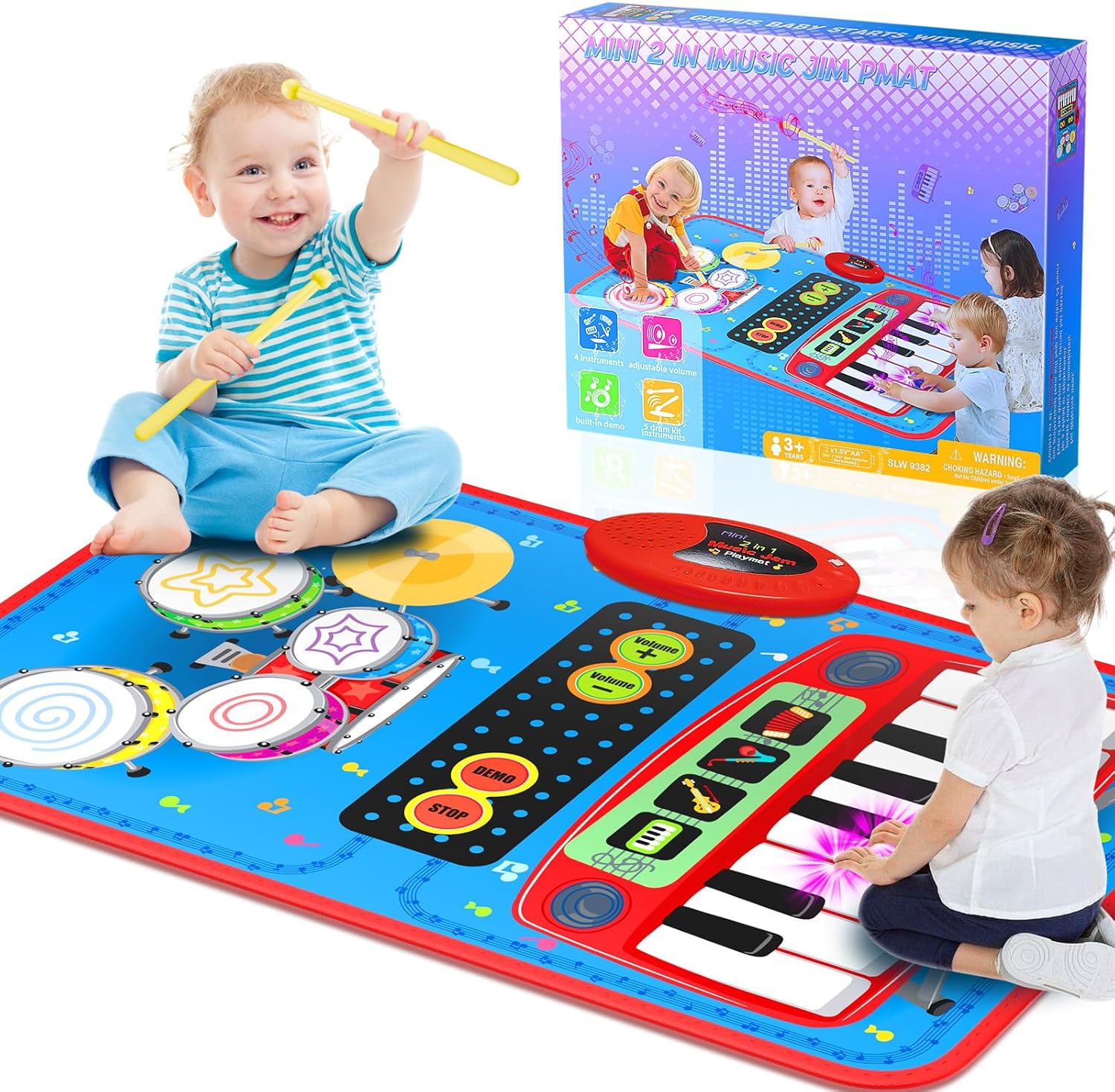 Oripira 2-in-1 musical mat toy front view showcasing blue color theme piano keys and drum zones for kids