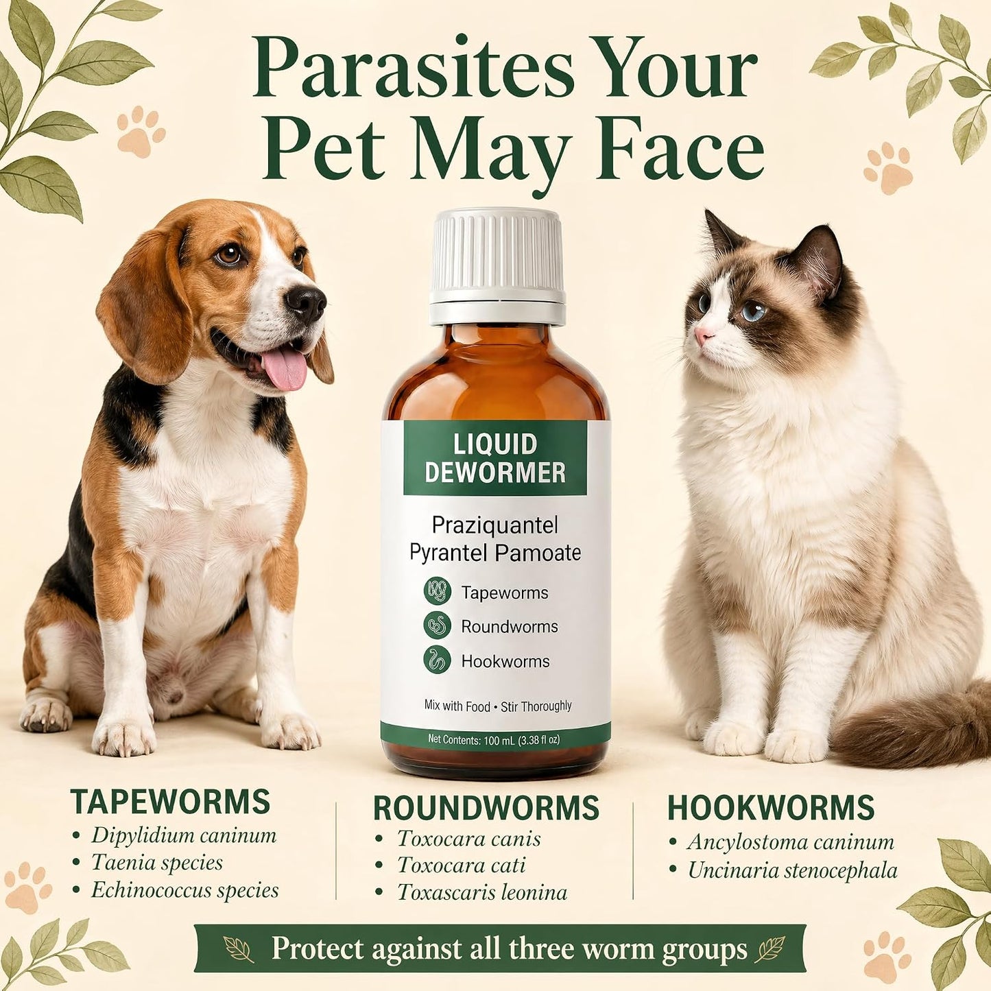 Broad spectrum parasite treatment for pets targeting hookworms and roundworms
