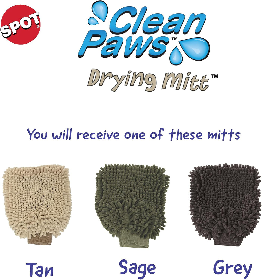 Double-sided pet grooming glove with high-absorbency chenille fingers for wet dog paws.
