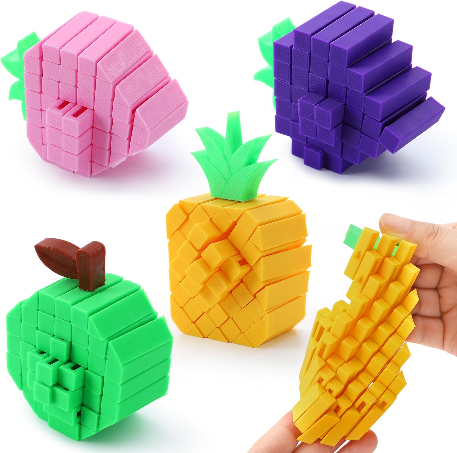 JOYIN 3D printed fruit fidget toys set showing four colourful pixelated models