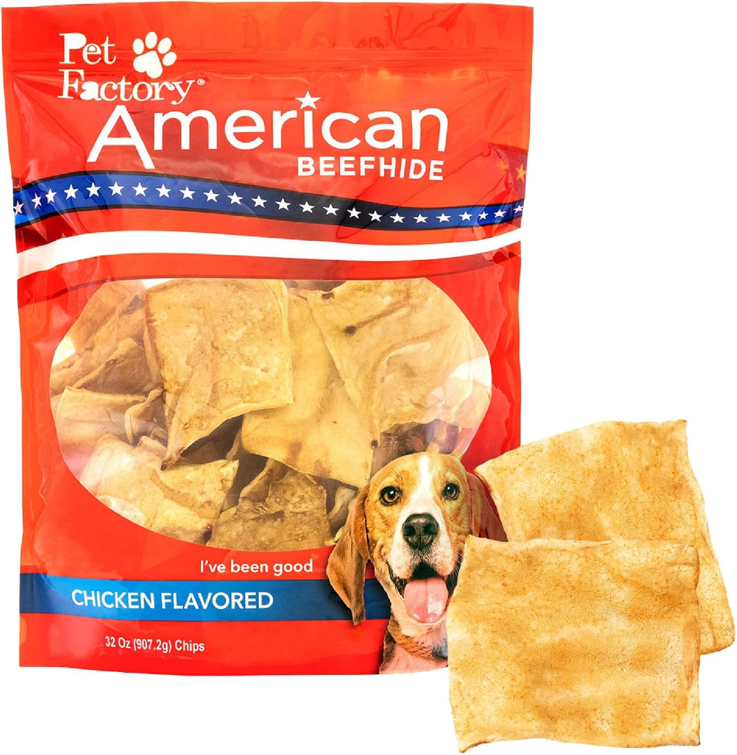 Pet Factory American Beefhide Chips packaging front view showing chicken flavor dog chew treats
