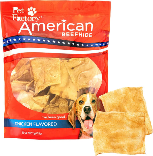 Pet Factory American Beefhide Chips packaging front view showing chicken flavor dog chew treats