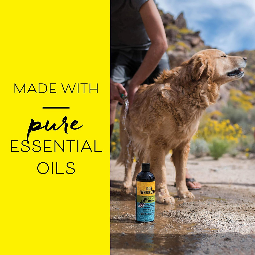 Premium cedarwood and peppermint oil infused dog shampoo packaging details
