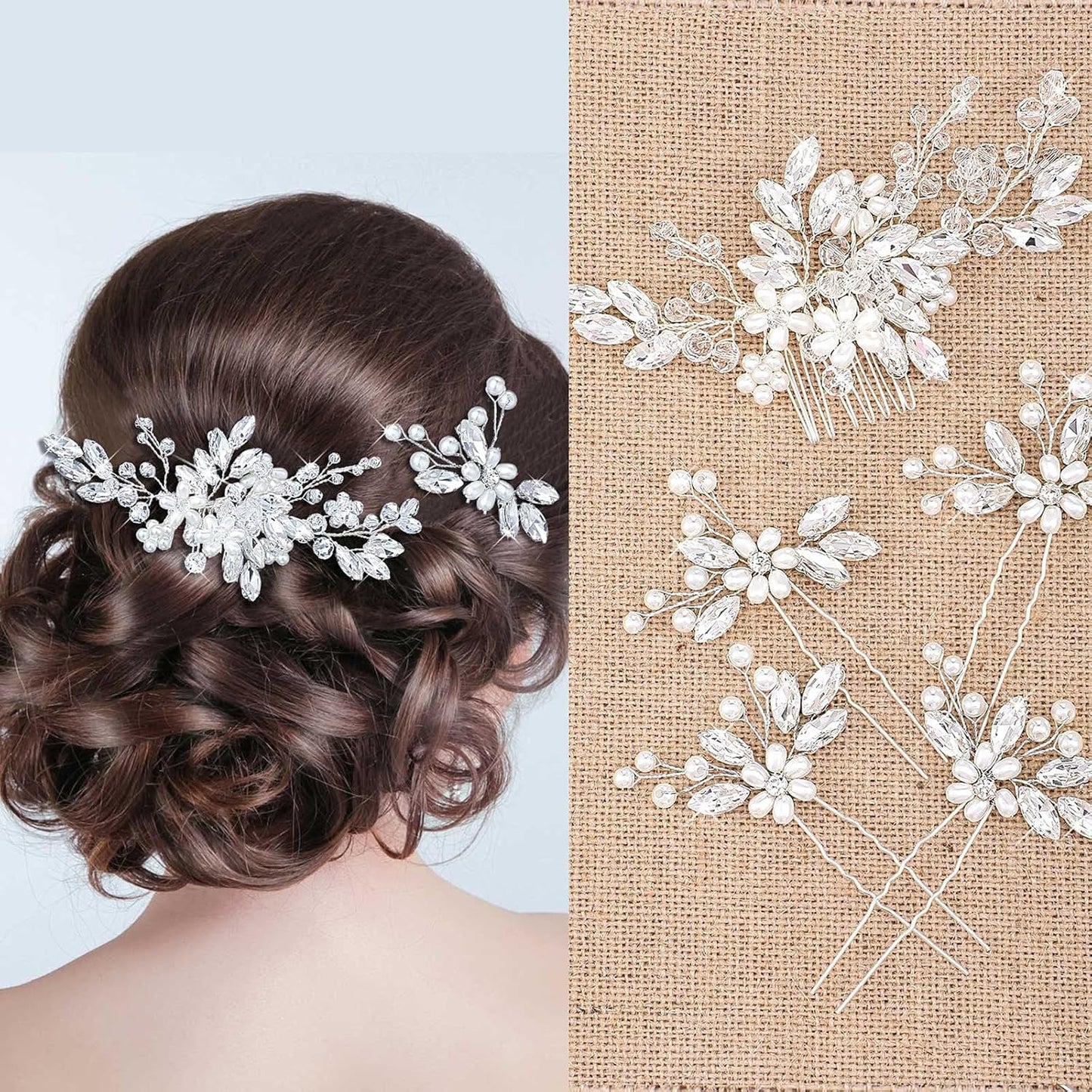 Yeshone wedding hair accessories set front view showing silver floral crystal comb and four rhinestone pins