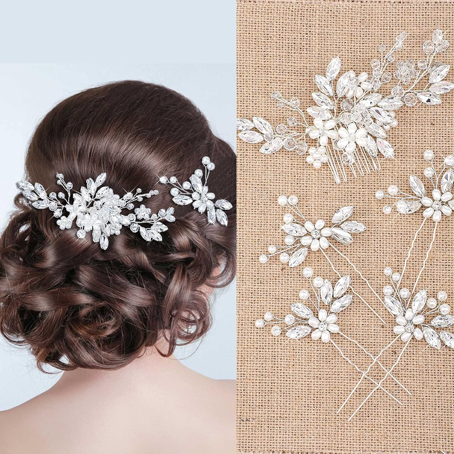 Yeshone wedding hair accessories set front view showing silver floral crystal comb and four rhinestone pins