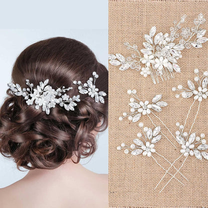 Yeshone wedding hair accessories set front view showing silver floral crystal comb and four rhinestone pins