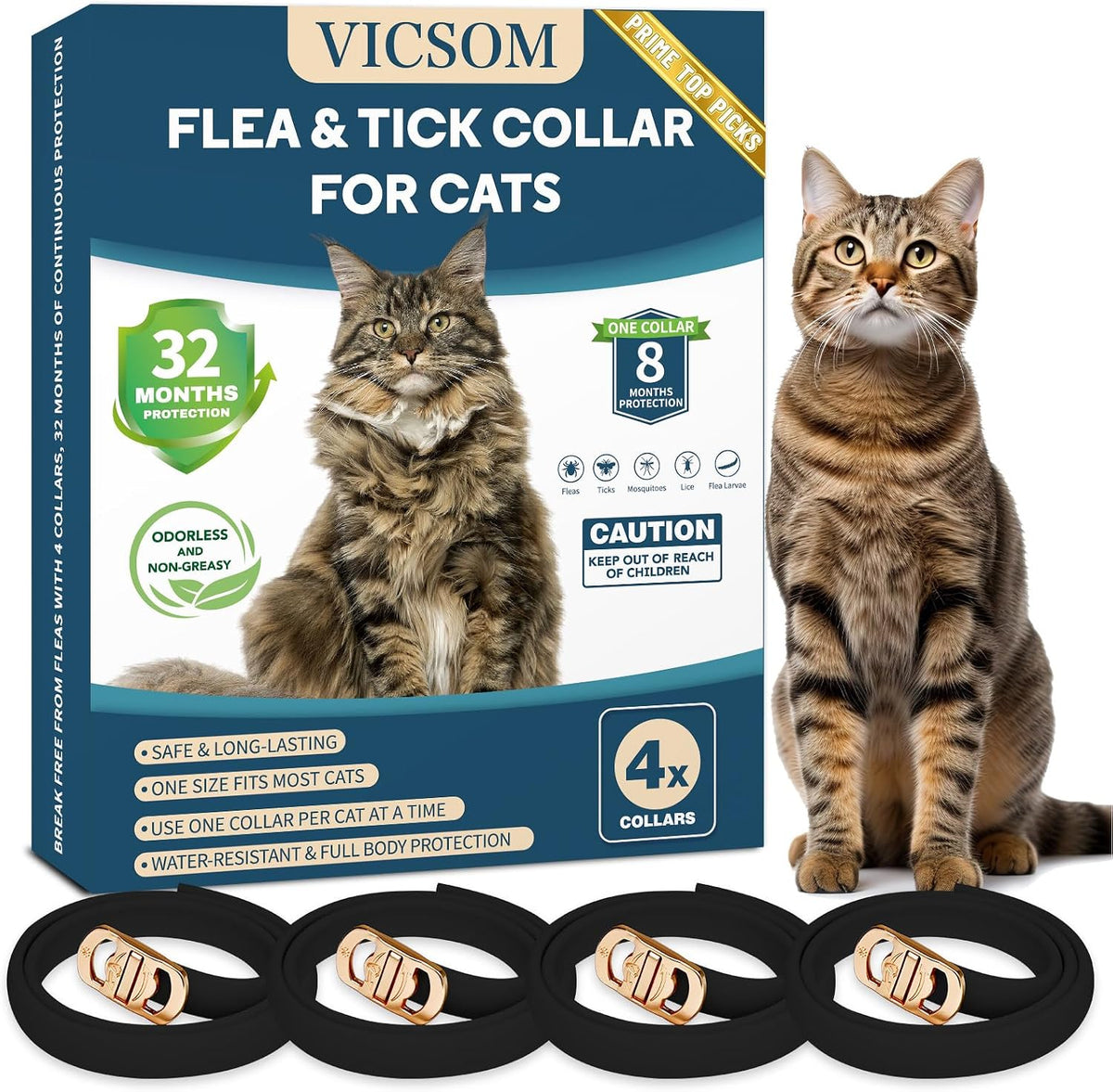 Vicsom 4 pack flea and tick collar for cats front packaging