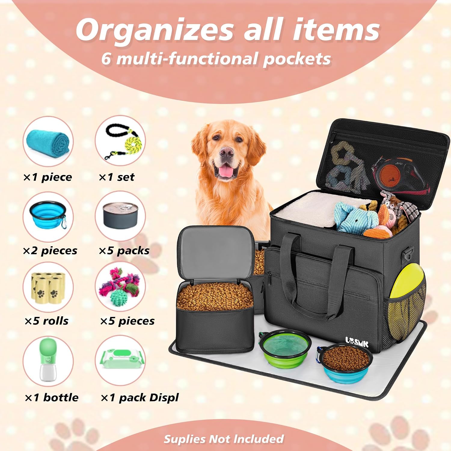 Five piece dog travel kit layout highlighting the food carriers, silicone dog bowls, and detachable shoulder strap.