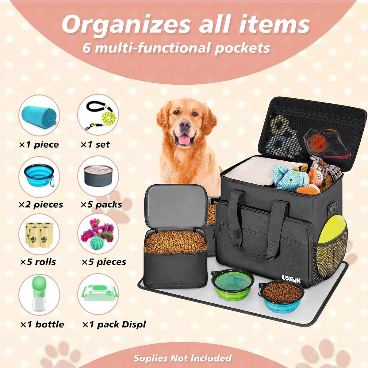 Five piece dog travel kit layout highlighting the food carriers, silicone dog bowls, and detachable shoulder strap.