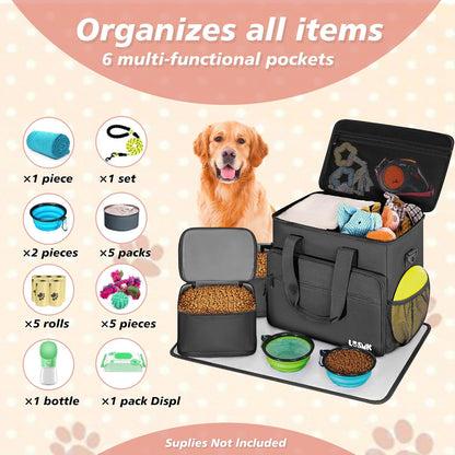 Five piece dog travel kit layout highlighting the food carriers, silicone dog bowls, and detachable shoulder strap.