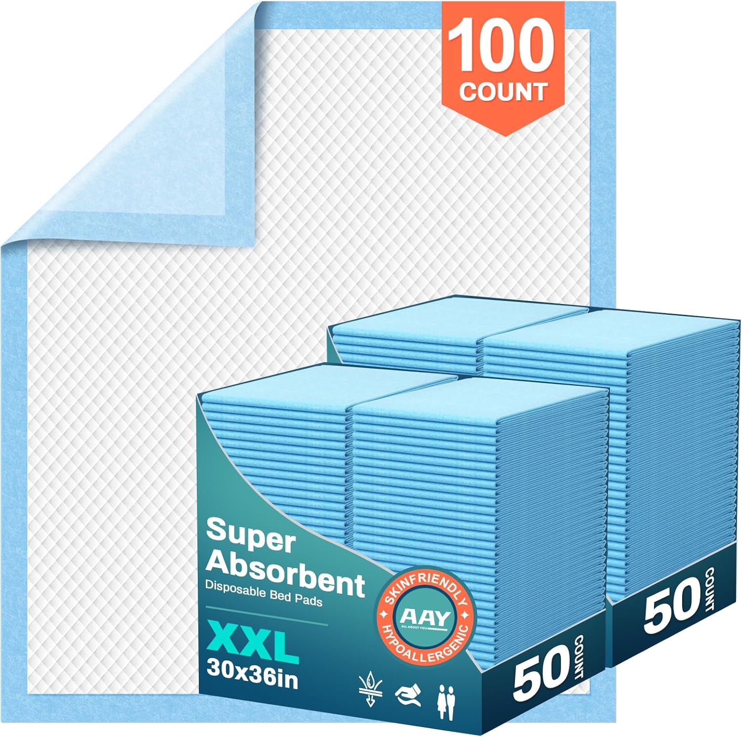AAY disposable bed pads 30 by 36 inches 100 count front packaging view