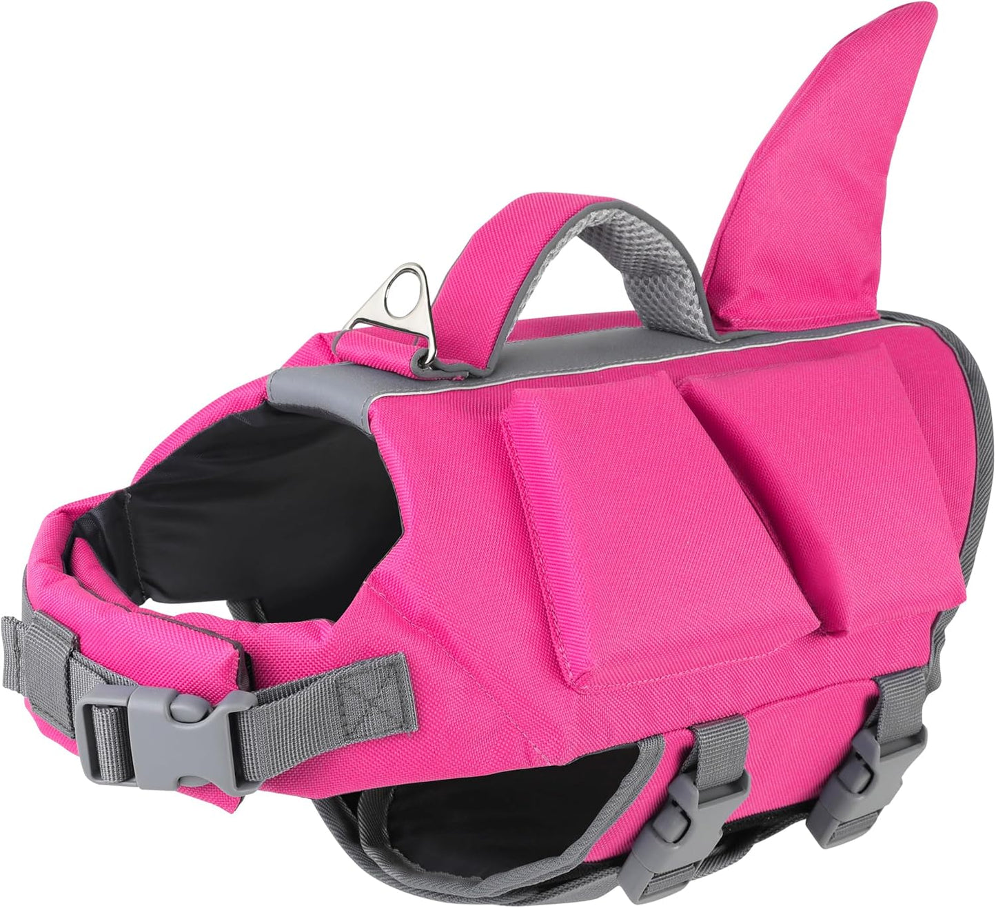 Dogcheer Dog Shark Life Jacket front view showing pink high buoyancy material