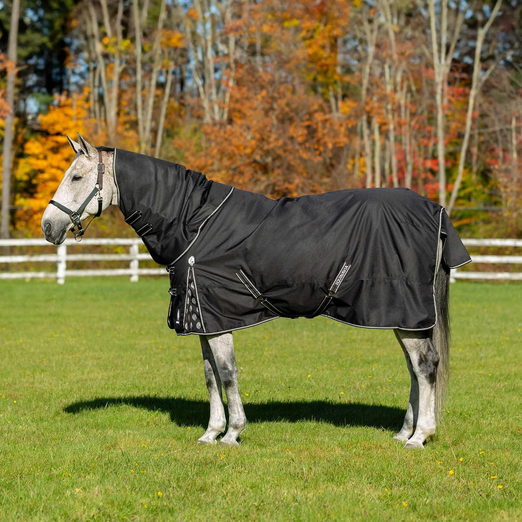 Black equestrian horse blanket with high tensile cross surcingles side view