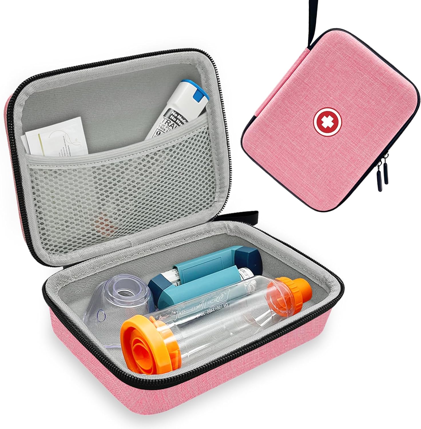 Klawdsky hard asthma inhaler spacer case front view in pink colour