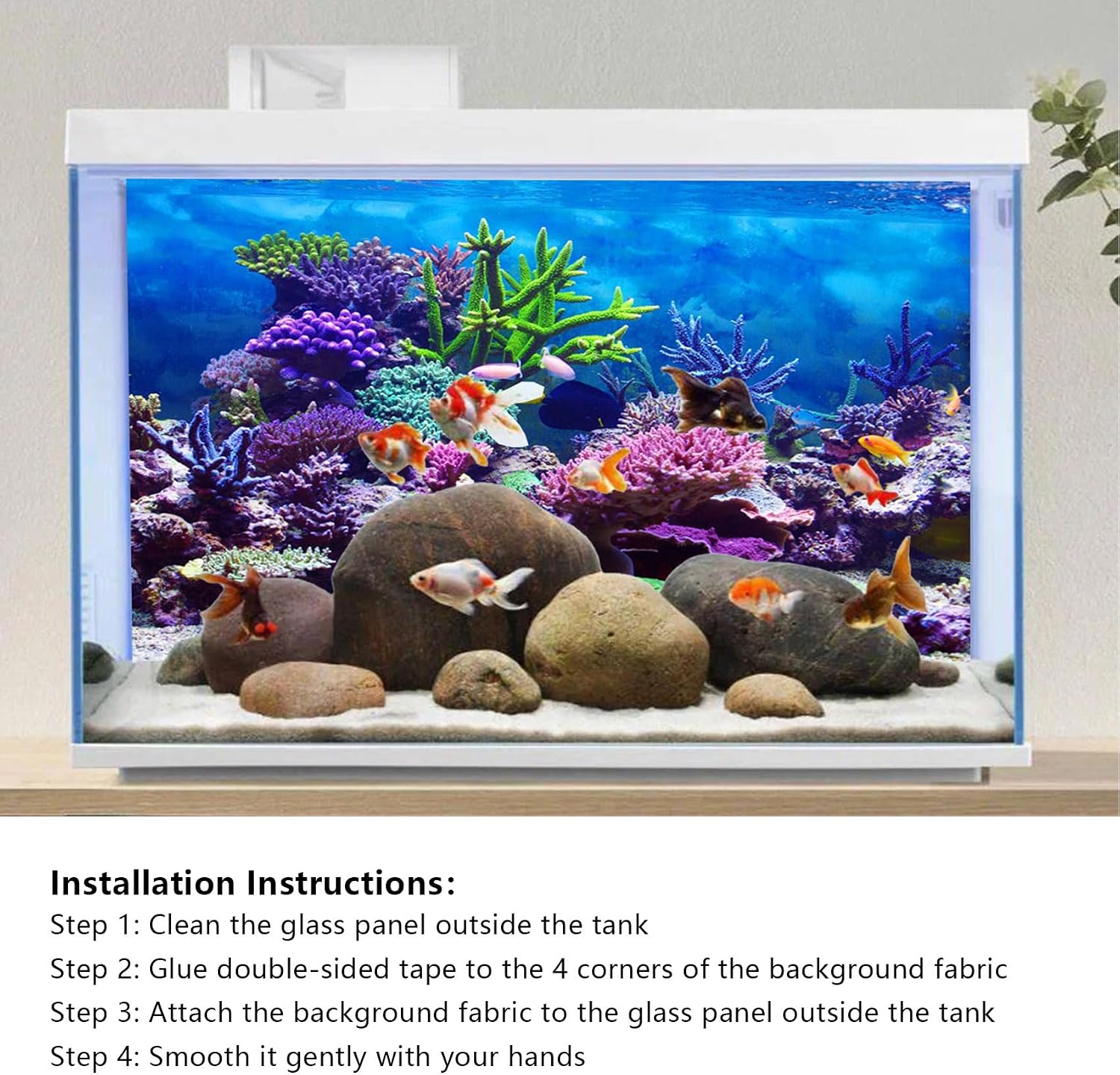 Washable polyester sea world backdrop for domestic fish tanks.