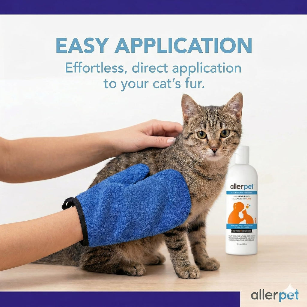 Allerpet twelve fluid ounce bottle with application mitt packaging
