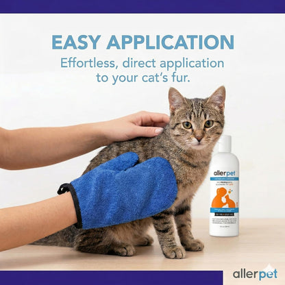 Allerpet Cat Dander Remover anti allergen topical solution with included grooming gloves.