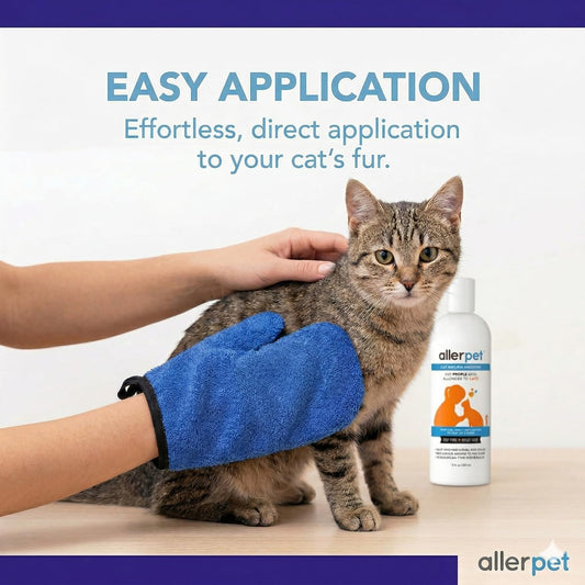 Allerpet Cat Dander Remover anti allergen topical solution with included grooming gloves.