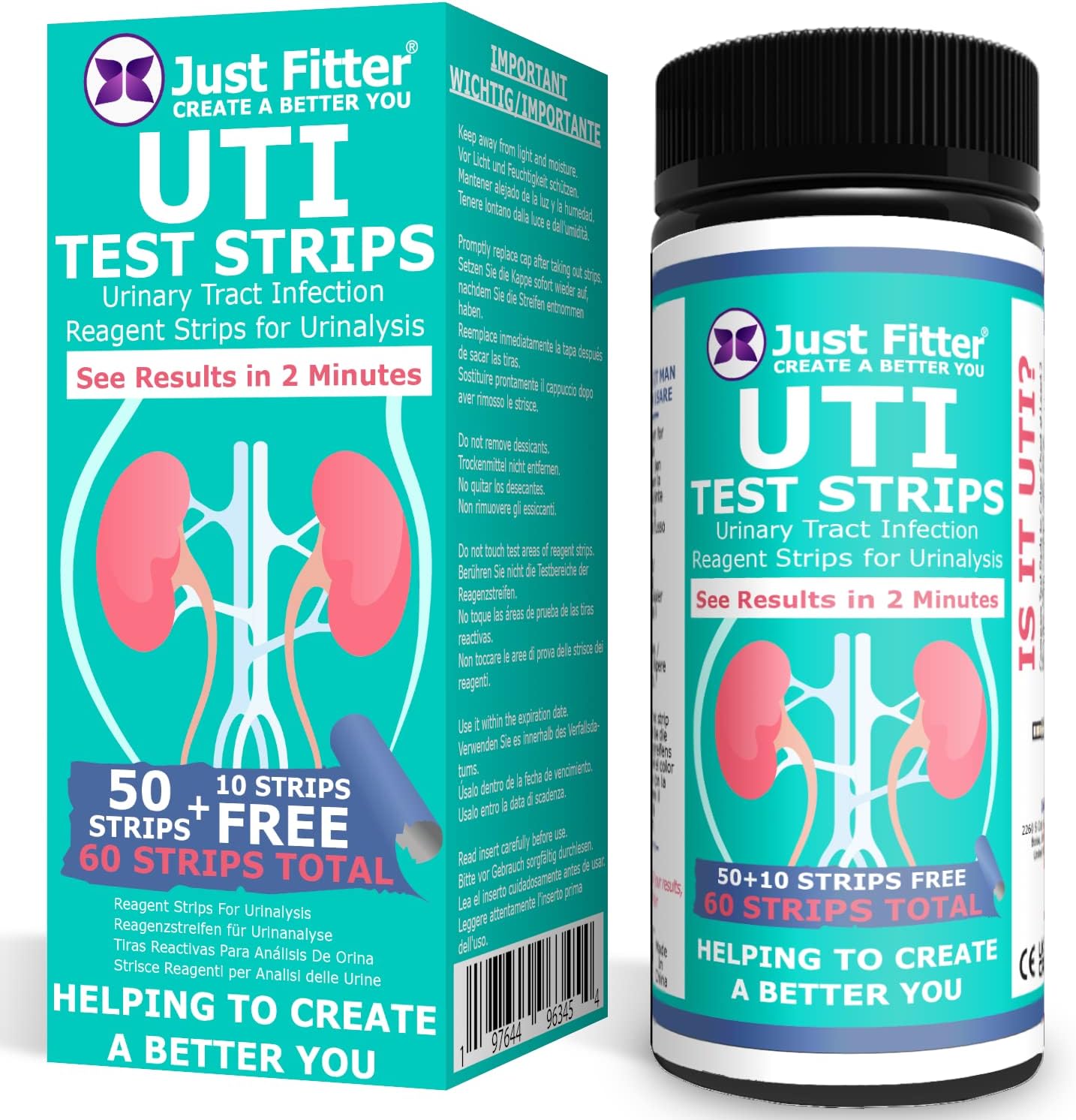 Just Fitter UTI Urine Test Strips front view bottle with 60 count home kit.