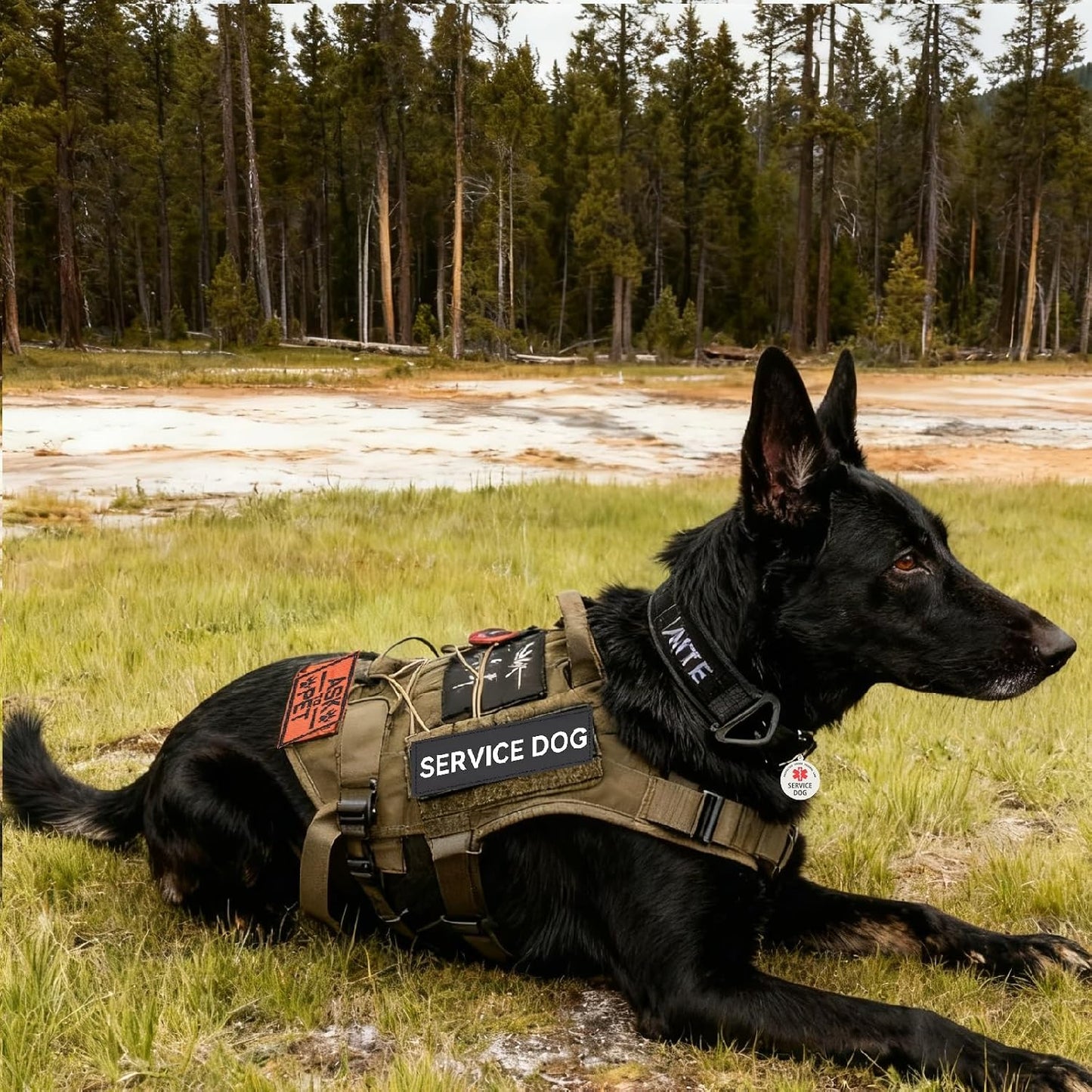 Two pieces of medium black service dog identification tags on a white background.