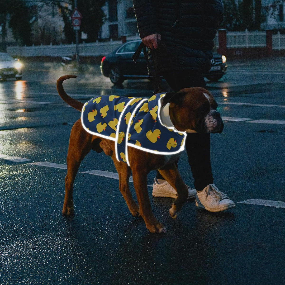 Happiere reflective dog jacket showing the high-visibility safety strips in low-light conditions.