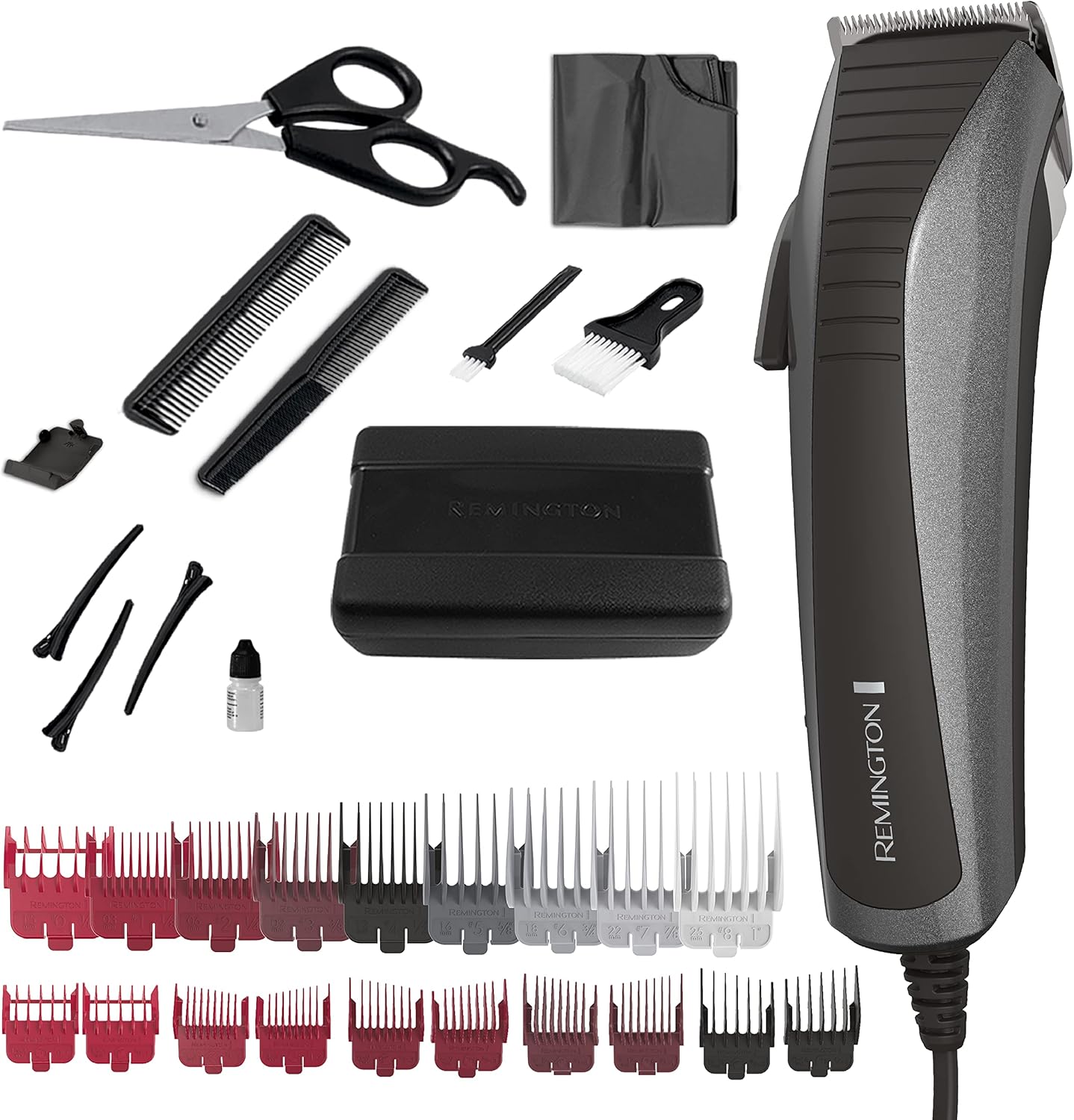 Remington Easy Fade Haircut Kit front view showing the black corded clipper with Japanese steel blades.