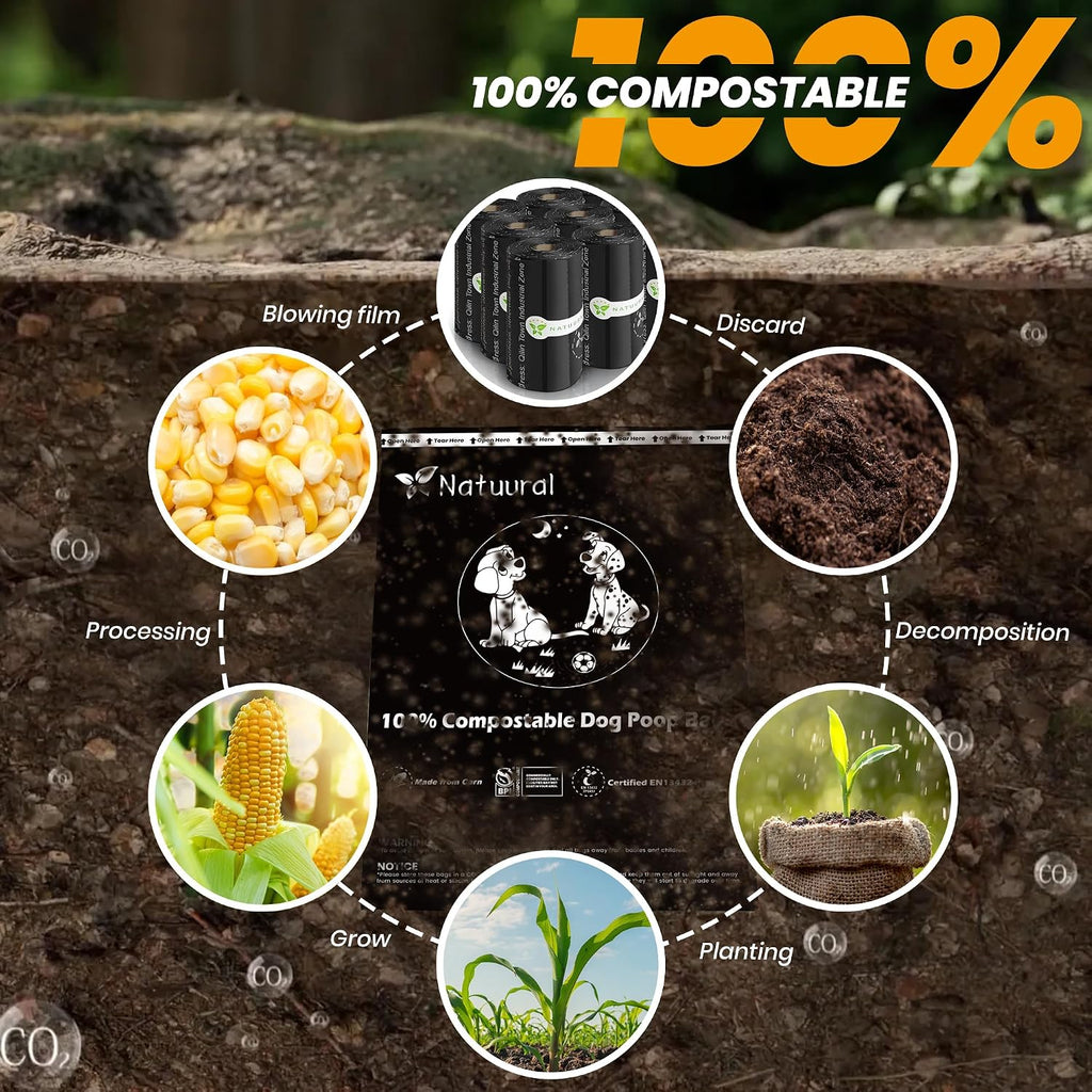 Natuural 18 rolls pack of green compostable pet waste bags.