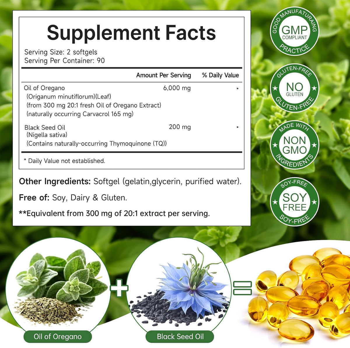 Oil of Oregano with Black Seed Oil, 180 Count Oregano Oil Capsules with 4X Strength of Carvacrol and Thymoquinone, Non-GMO, Natural Herbal Health Supplement - Image 2