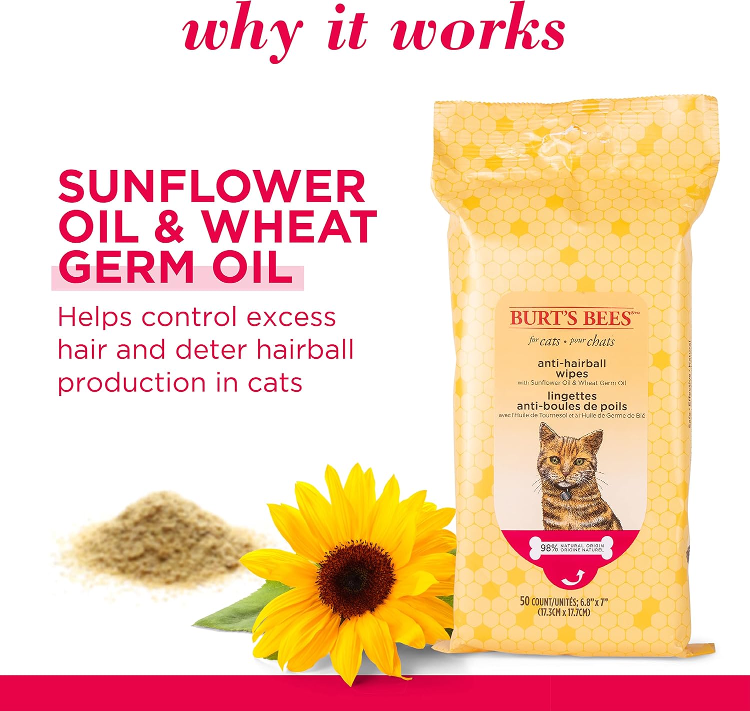 Burt's Bees cat hairball remedy wipes packaging showing sunflower oil ingredient benefits