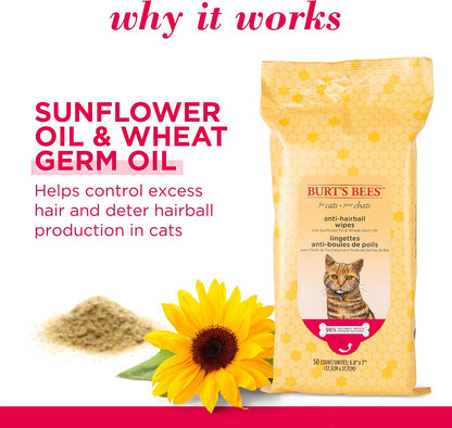 Burt's Bees cat hairball remedy wipes packaging showing sunflower oil ingredient benefits