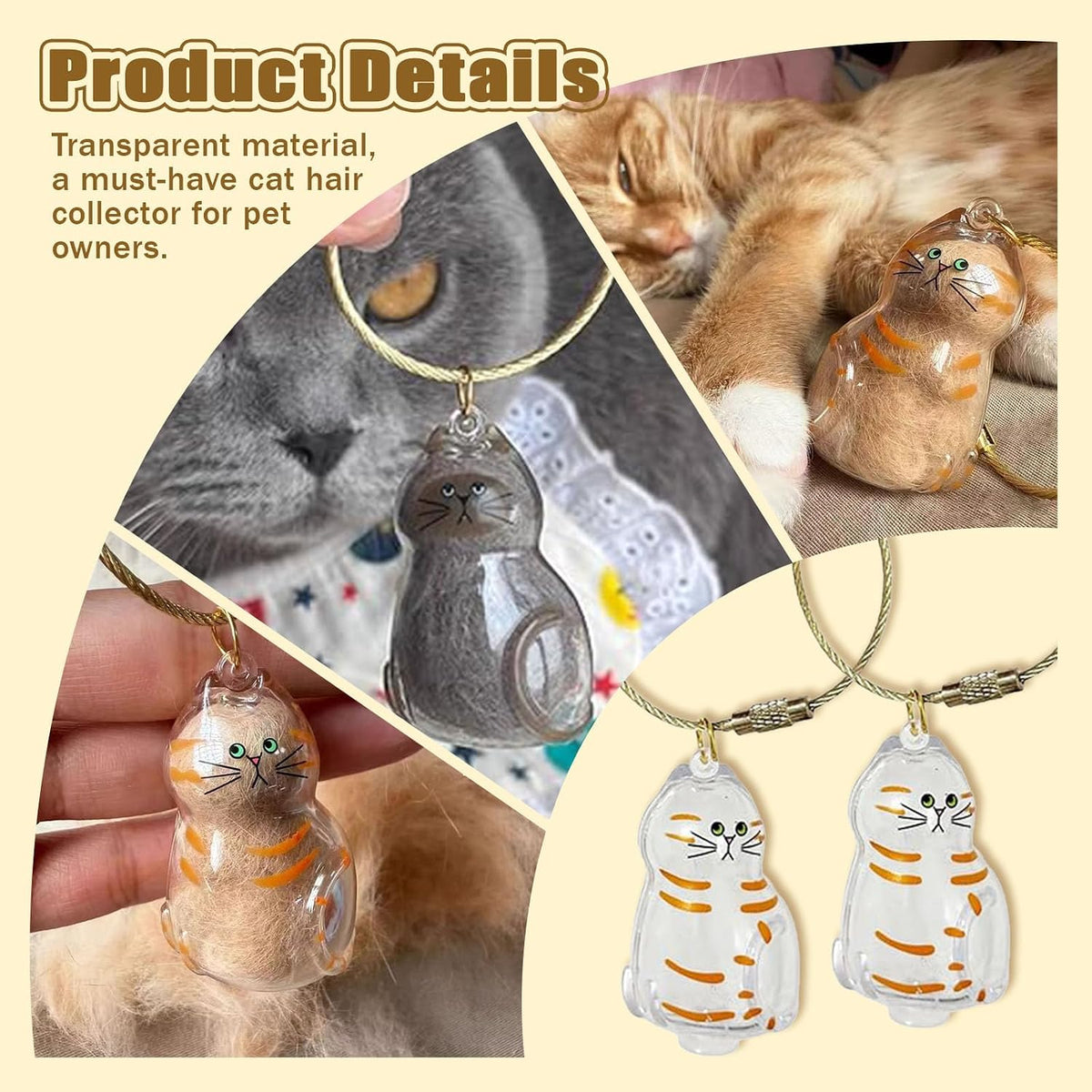 Six piece pet fur storage keychain set arranged neatly alongside stainless steel attachment rings