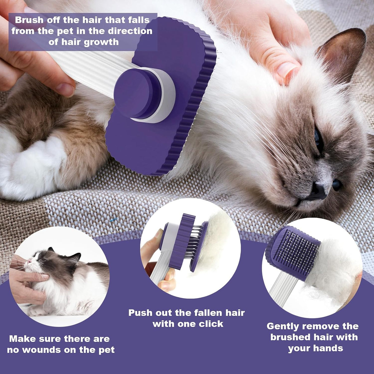 Ergonomic handle and dark blue release button on the Garstor pet brush
