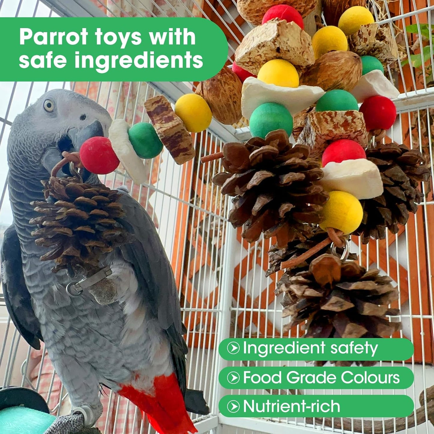 African grey parrot interacting with the natural wooden shredding toy