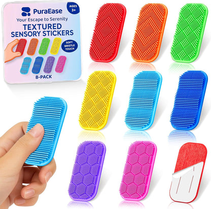 PuraEase Bristle Tactile Sensory Stickers front view of 8-pack vivid colors